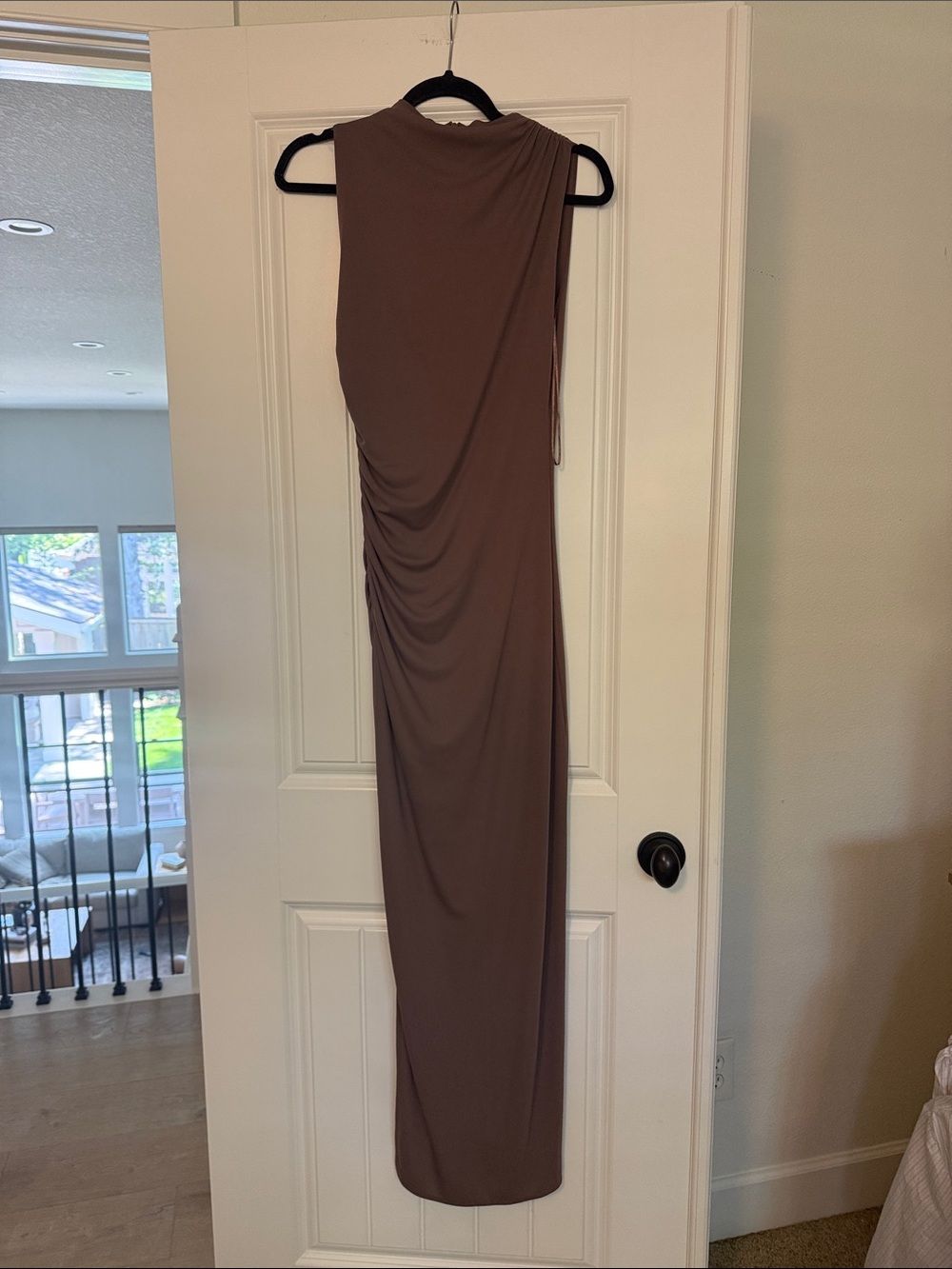 Socialite Sleeveless Ruched Column Dress in Taupe XS